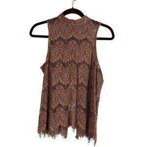 Floral Lace Sheer Top L Brown Earthy Goblin Fairy Whimsical Boho Indie Folk 90s